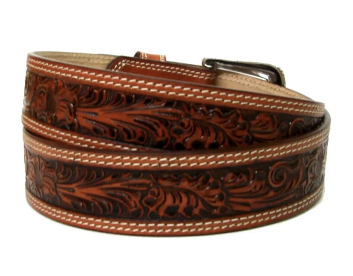 Nocona Western Mens Belt Leather Embossed Floral Tan