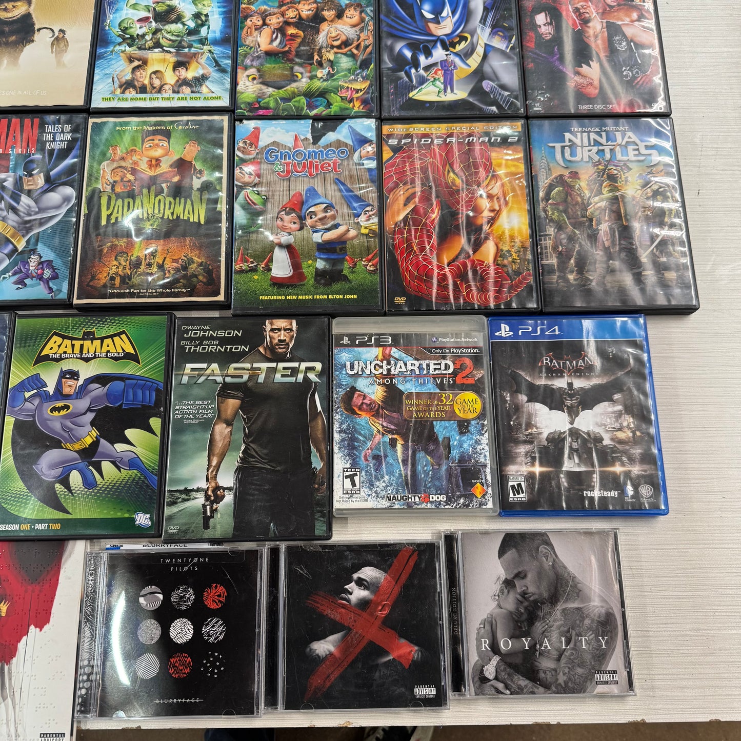 Media Lot, 41 dvds, video games, and CDs